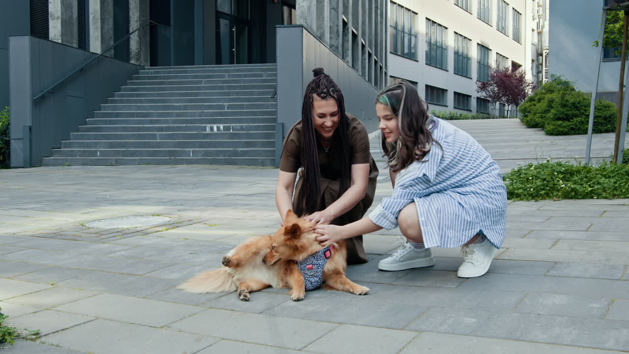madre e hija pasando tiempo con su perro en la ciudad
