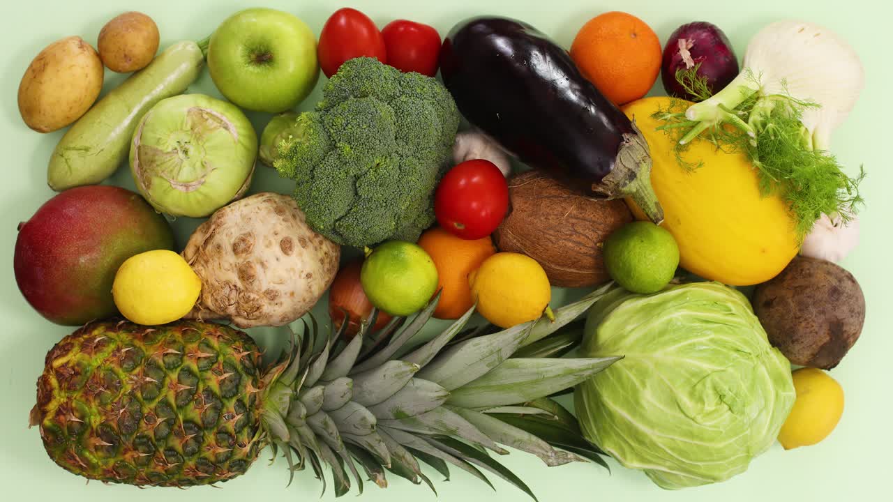 신선한 유기농 과일과 채소가 밝은 녹색 배경에 나타납니다. 건강한 음식의 평평한 모션 구성