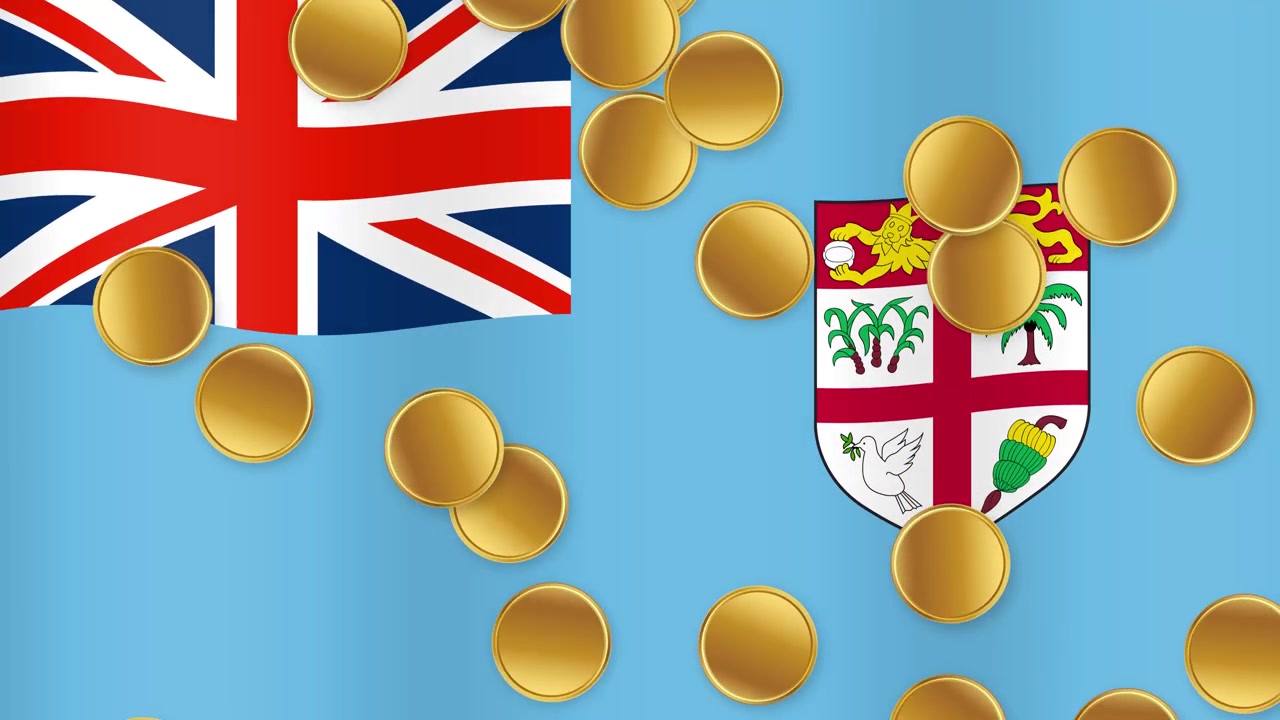 Monete d'oro cadono su una bandiera delle Figi sventolante, a simboleggiare la crescita economica e la prosperità nazionale.
