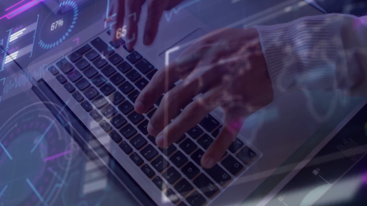 Man's hands pressing keys and typing while generating fluctuating data analytics overlays in office