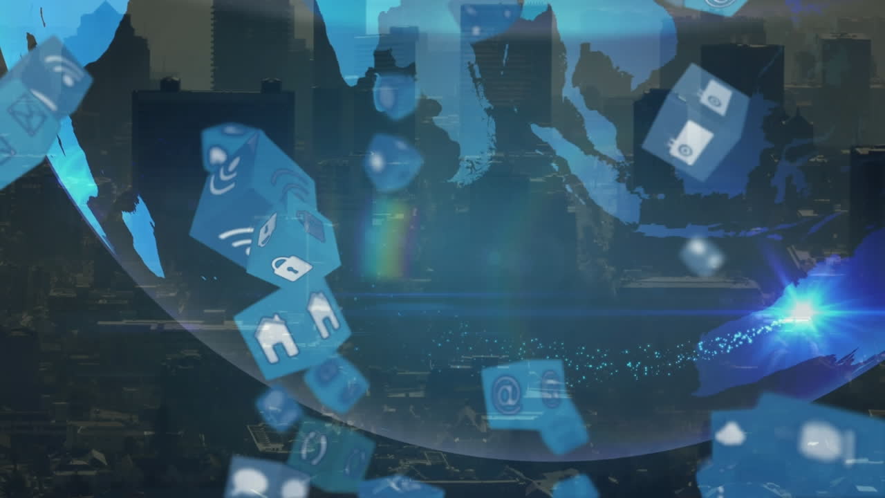 디지털 아이콘의 애니메이션, 회전하는 지구와 도시 풍경의 공중 시야에 대한 파란 빛의 점