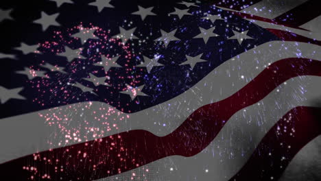 animation of fireworks exploding over american flag waving