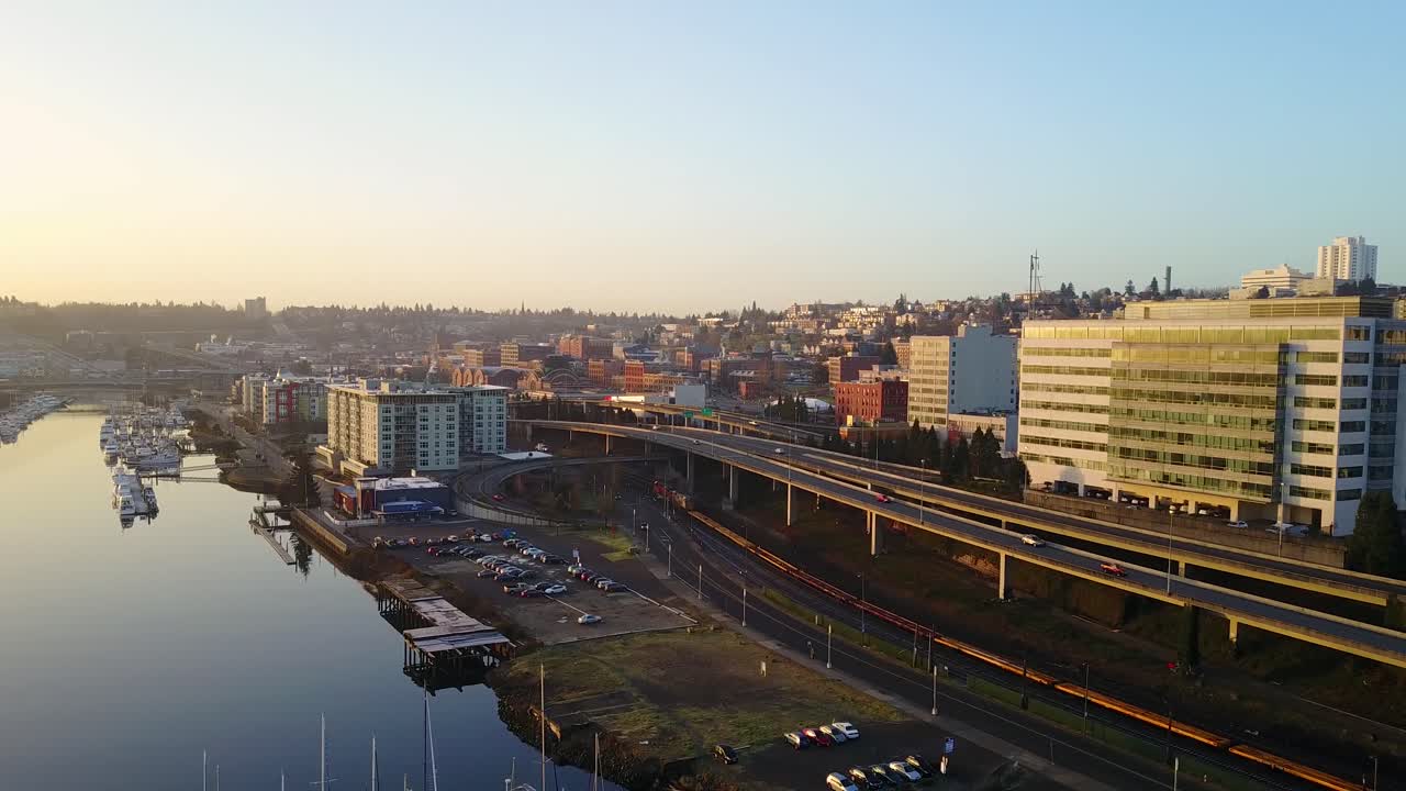 Aerial View of City Skyline at Sunrise