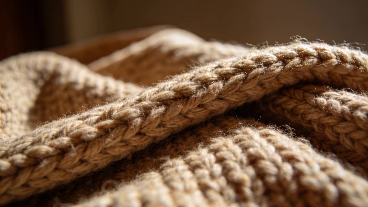 L'obiettivo della telecamera si sposta rivelando una costa a maglia intrecciata in una stanza calda, mostrando le fibre del filato e i dettagli del punto.