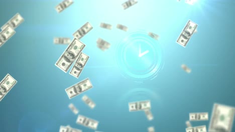 Animation-of-moving-clock-and-dollar-bills-falling-on-blue-background