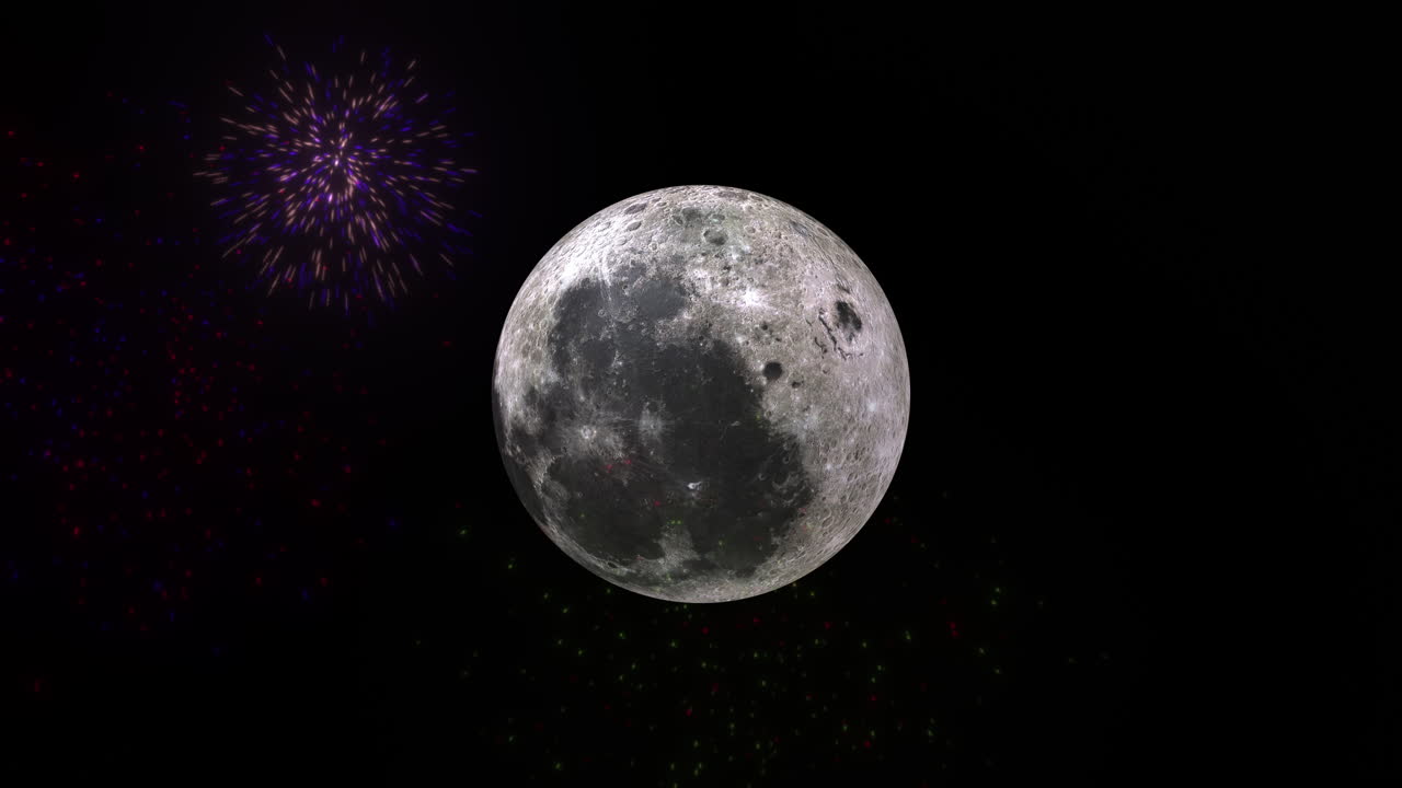 Superluna piena e luminosa con fuochi d'artificio che esplodono di fronte con vari colori diversi. Utilizzato per eventi come il 4 luglio, giorno dell'Indipendenza, e le celebrazioni di Capodanno. Animazione ProRes
