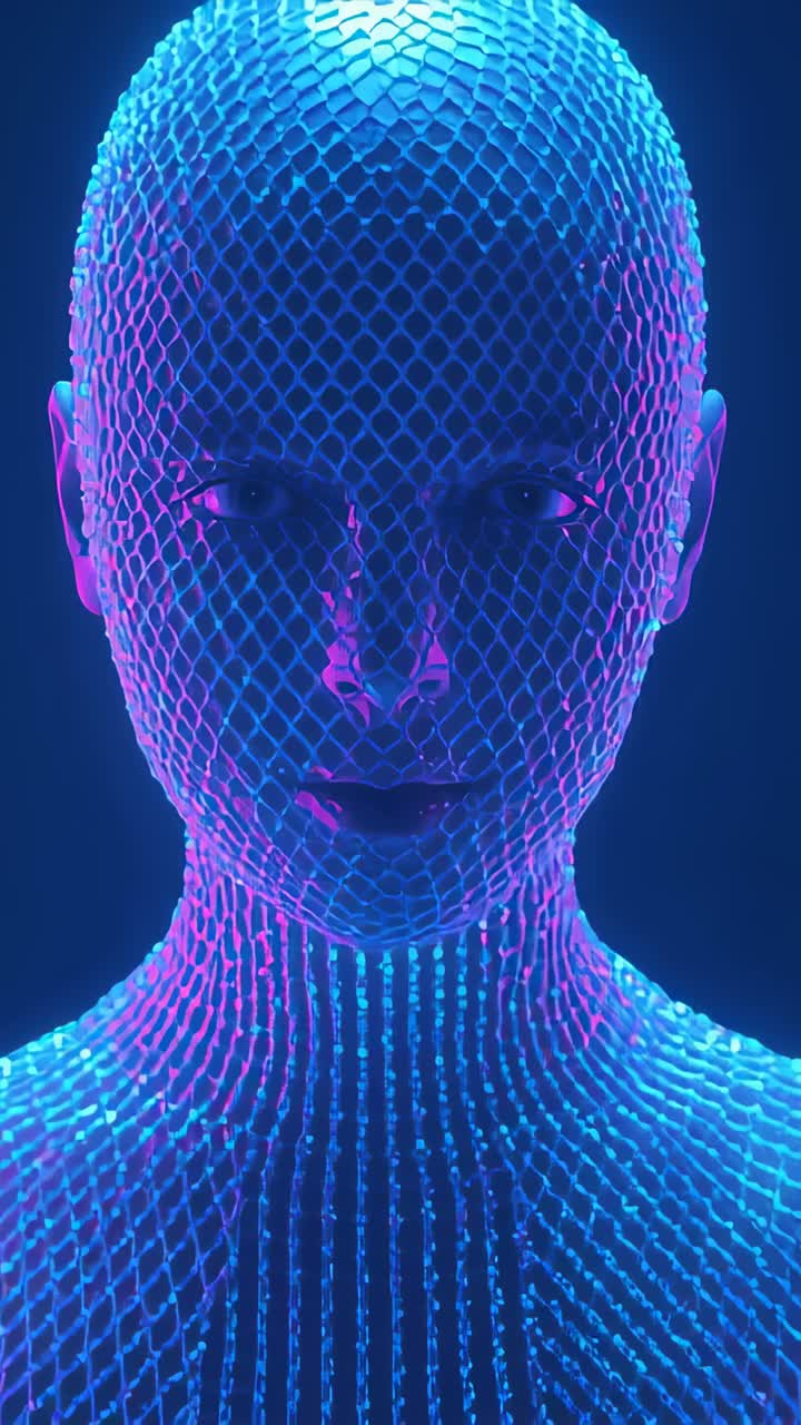 Video verticale: la fotocamera inizia a ingrandire una testa CGI in studio, concentrandosi sulla mesh esagonale sotto la luce al neon