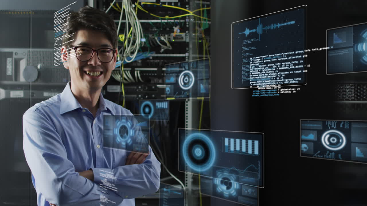 animación de procesamiento de datos sobre empresario asiático por servidores informáticos