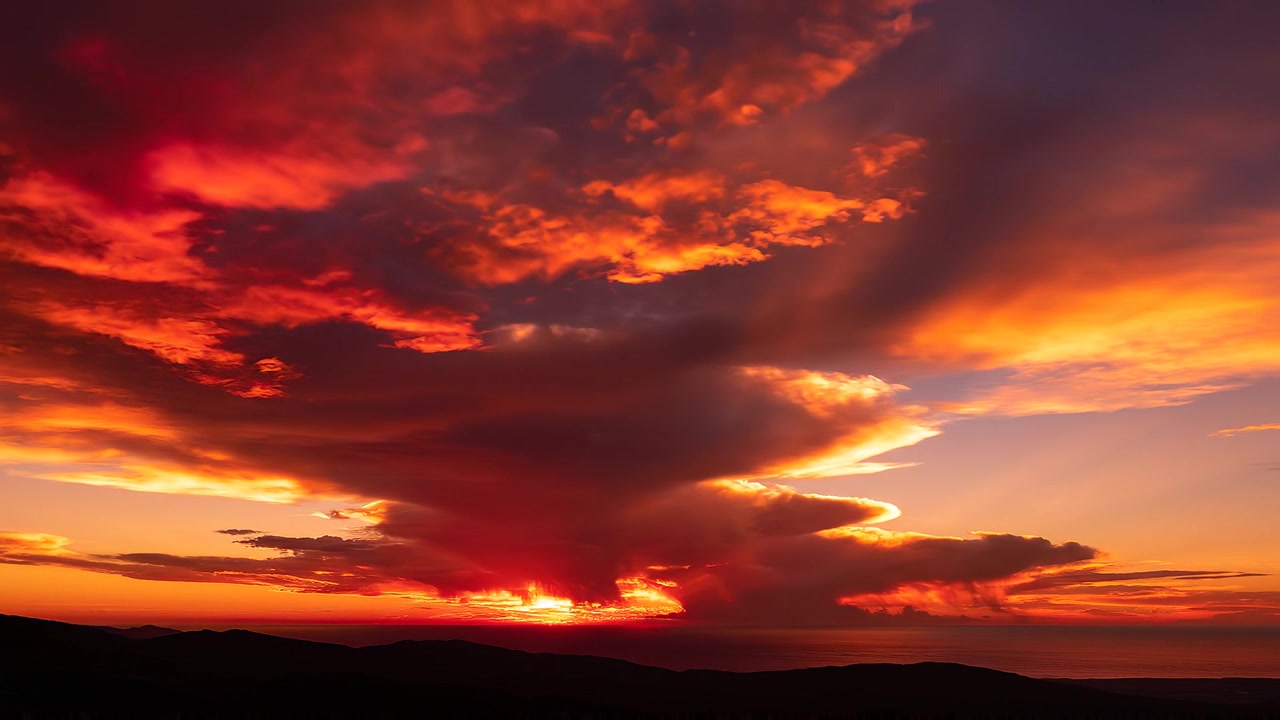 Lebhafter, dramatischer Sonnenuntergang über Berglandschaft und Meereshorizont