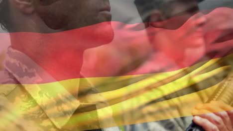 animation of flag of germany over diverse soldiers