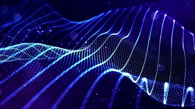 4k looped science fiction particle background with bokeh and light effects. Glow blue particles form lines, surfaces, complex structures in smooth motion like in the microworld or space. 10
