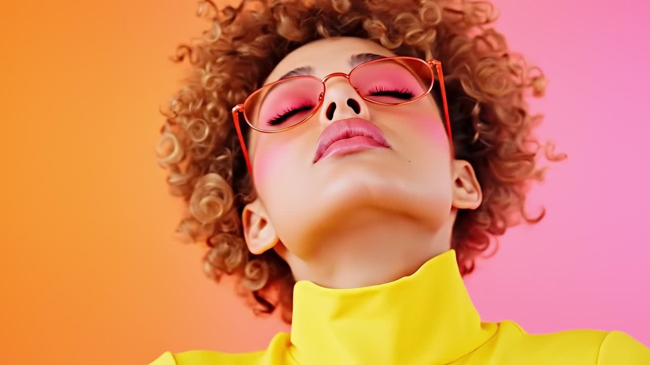 A woman with curly hair wearing a yellow jacket and red sunglasses