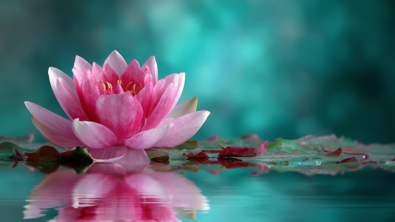 A Stunning Pink Lotus Blossom Reflecting in Tranquil Waters Surrounded by Lush Greenery and Petals, Capturing the Essence of Serene Nature