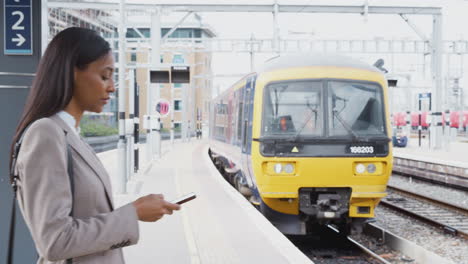 businesspeople commuting to work standing on train platform using mobile phone as train arrives