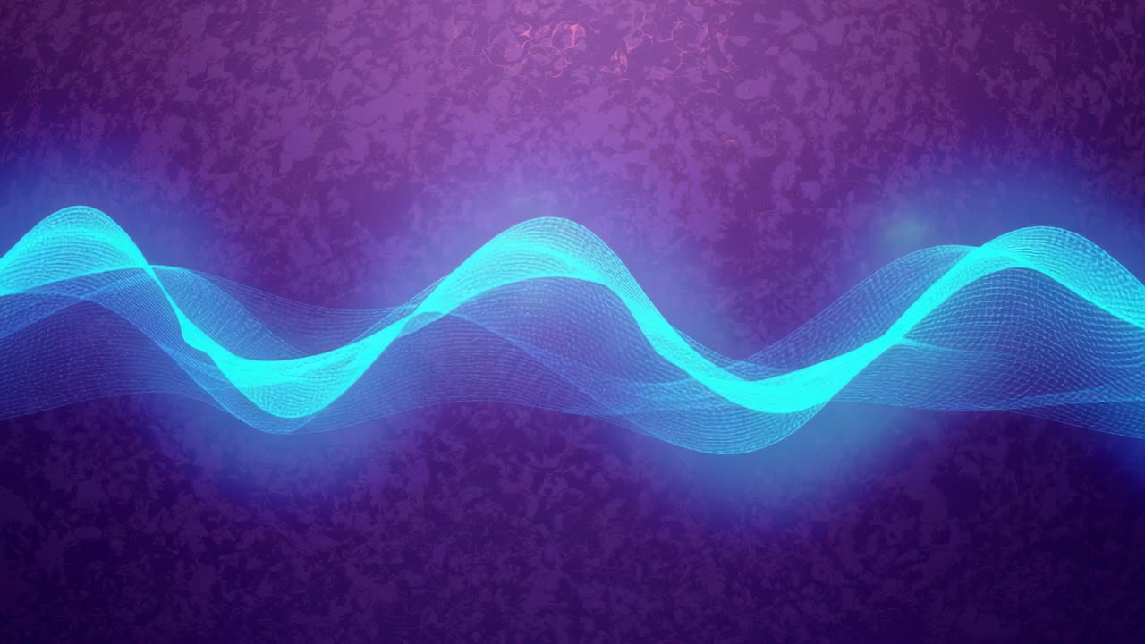 Oscillating translucent cyan ribbon gliding across textured purple backdrop, pulsing glow at crests