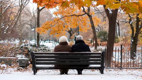 a couple sitting on a bench in a park in the snow