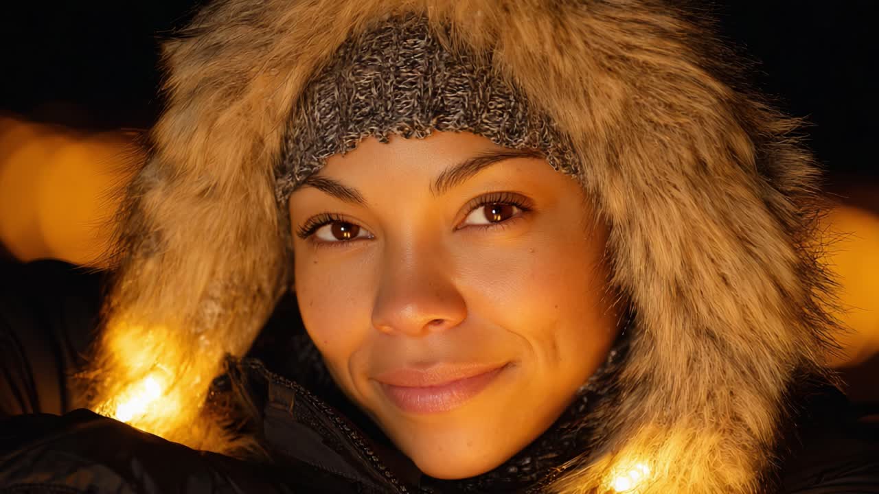Un abbraccio confortevole dell'inverno: una persona sorride luminosa con un cappotto con colletto di pelliccia, circondata dal bagliore caldo delle luci in un paese delle meraviglie invernale