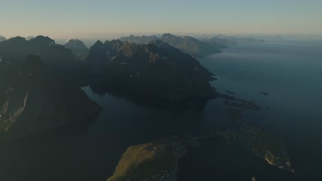 Norway-Fjords-during-sunset,-aerial-drone-view