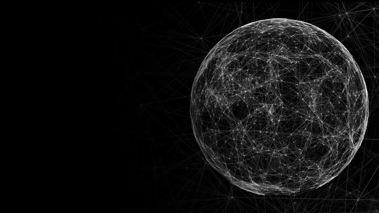 Animation of spinning globe of network of connections on black background