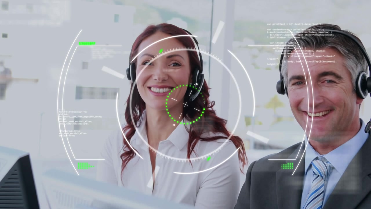 Animazione di connessioni su professionisti che indossano cuffie