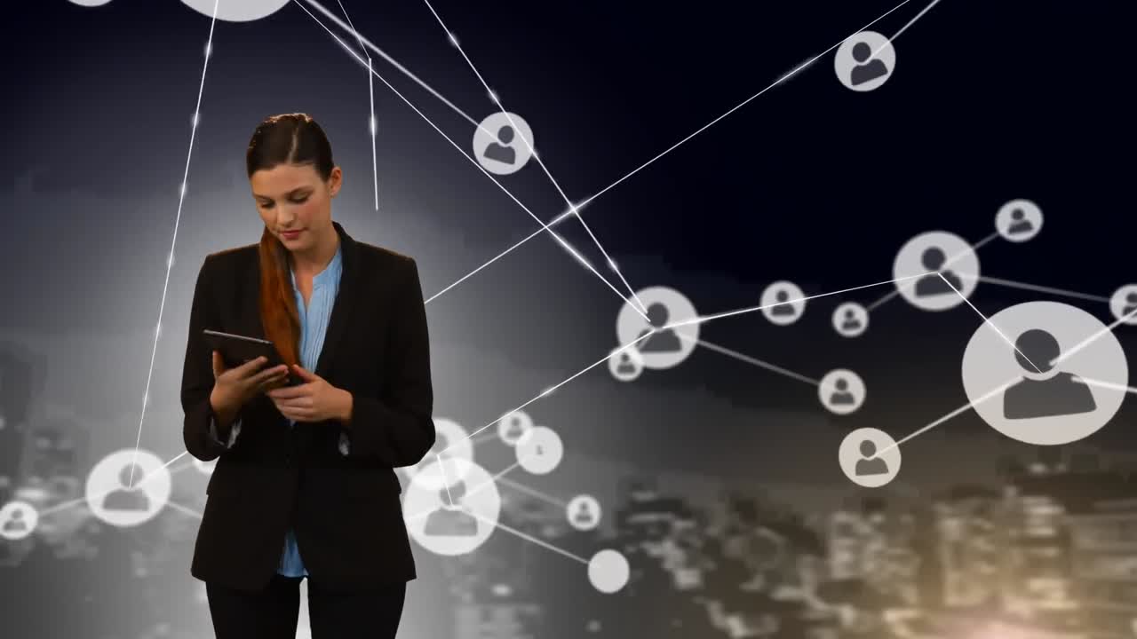animación de iconos de personas digitales a través de una red de conexiones a través de una mujer de negocios que usa una tableta