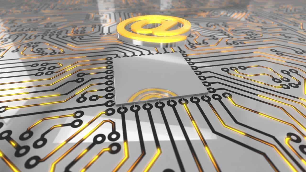 밝은 오렌지 회전 컴퓨터 회로 보드 개념 이메일 루프 4k