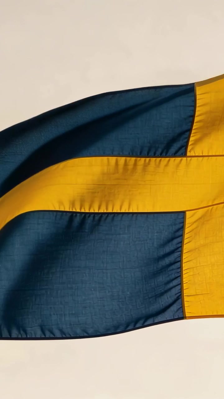 Vertikal video: Blåt flag med gult kors vajer i en jævn brise mod en bleg himmel