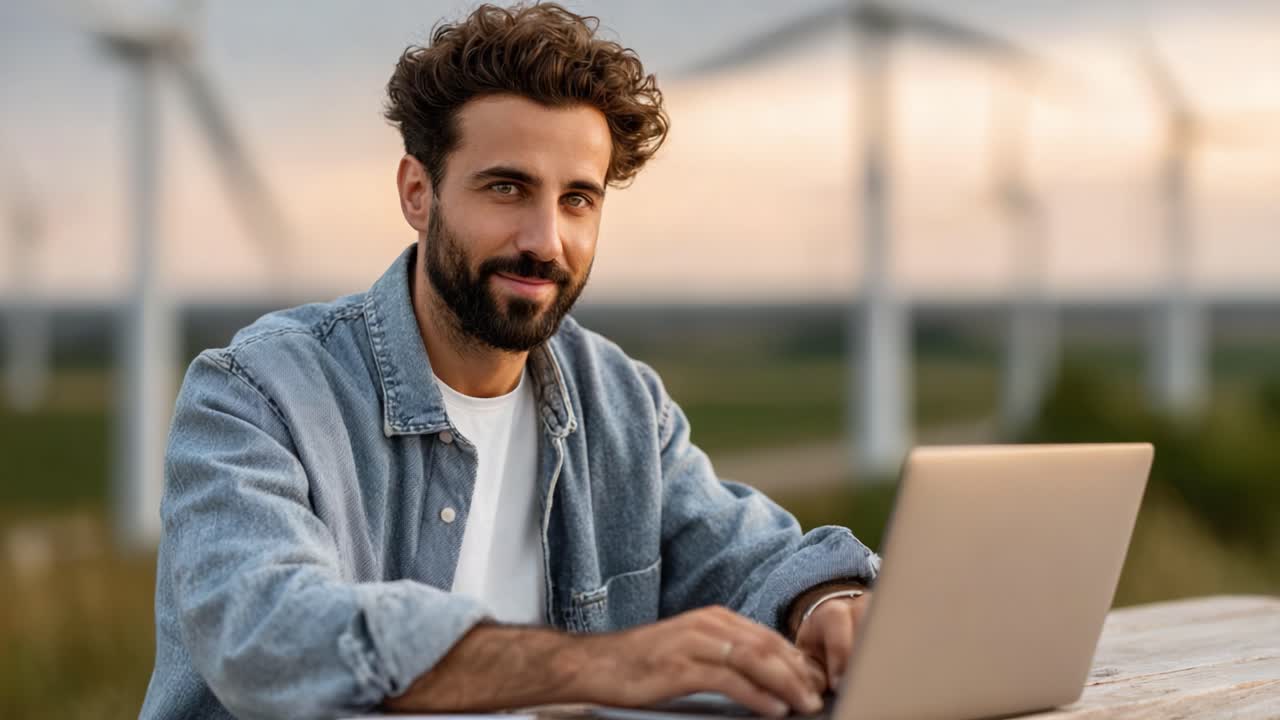 A man engaged in productive work on a laptop in an open environment, with wind turbines in the background, showcasing a blend of nature and technology