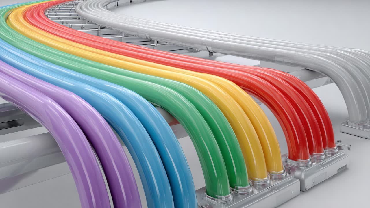 Colorful Curved Tubes on a Rails System: A Sleek View of Vibrant Piping in Various Shades, Showcasing a Dynamic Arrangement and Futuristic Design Aesthetic