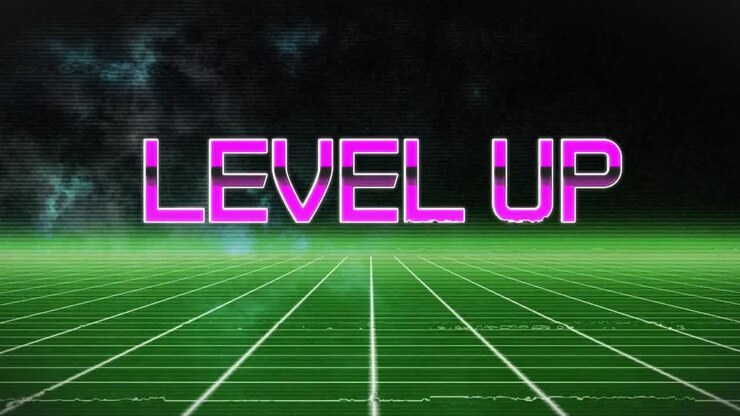 Animazione del testo "level up" su linee bianche su sfondo nero