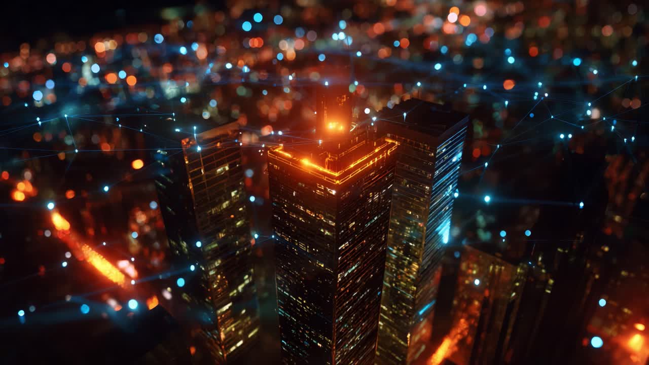 Aerial View of Urban Skyscrapers Illuminated by Networked Lights, Showcasing A Modern City at Night with Dynamic Light Patterns and Digital Connectivity Represented by Colorful Glow