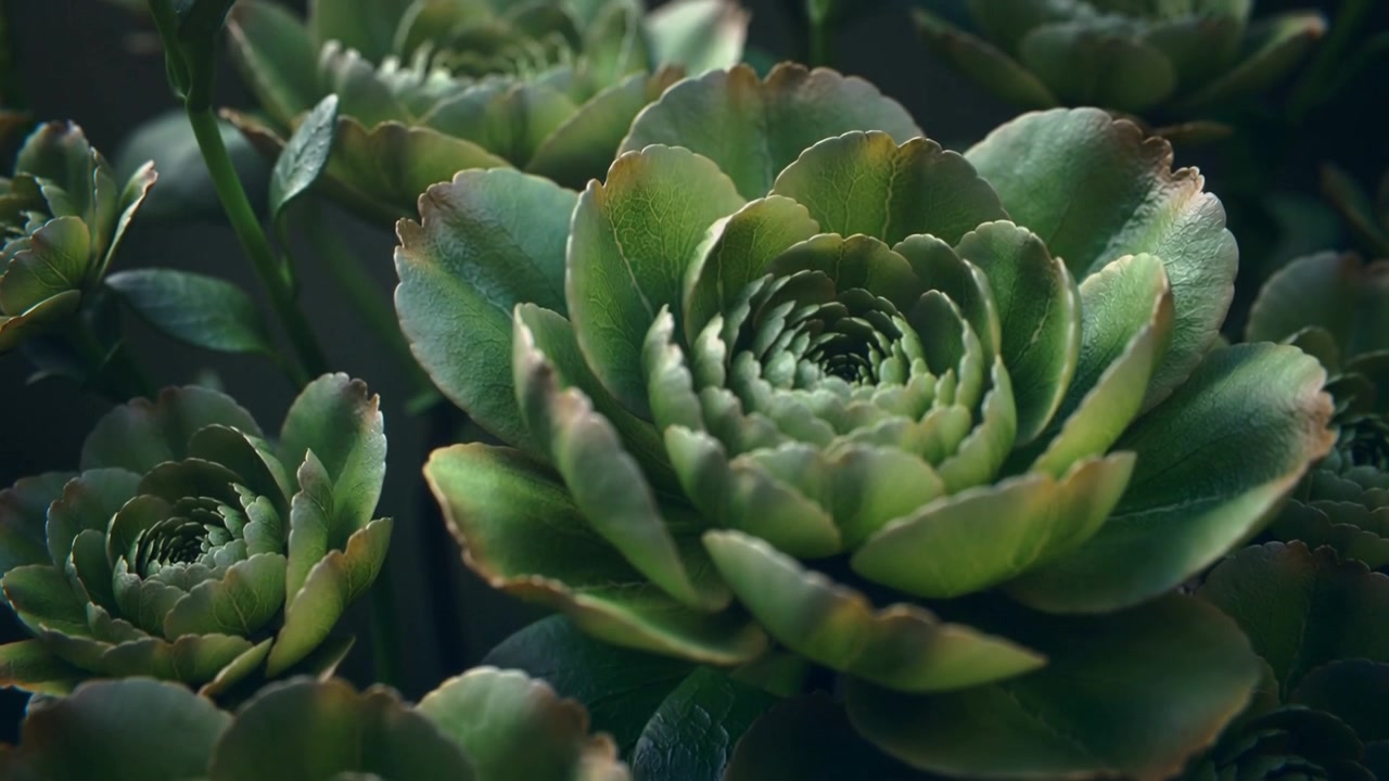Pulling back camera revealing large rosette succulents and surrounding leaves in shaded grow area