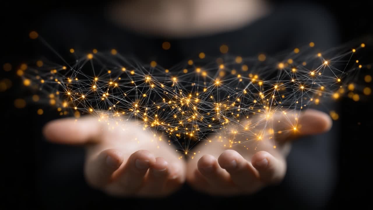 A Dynamic Interaction of Light and Technology: The Beautiful Display of Golden Connections Being Formed Between Outstretched Hands in a Dark Environment