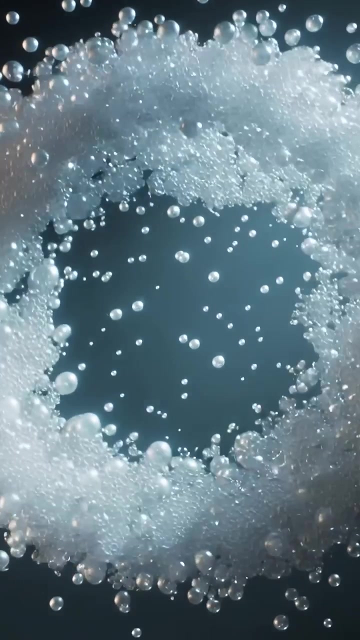 Video verticale: Un toro di schiuma bianca si muove e si sfilaccia, rilasciando bolle che salgono attraverso un serbatoio color verde acqua.