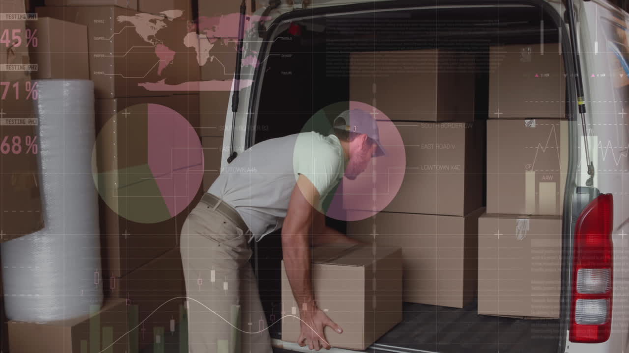 animación de estadísticas y procesamiento de datos financieros sobre el repartidor y la furgoneta