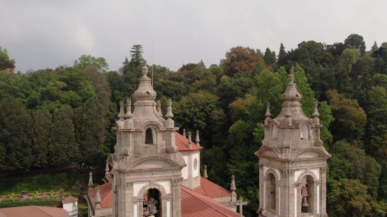 Aerial close up - bell towers of Bom Jesus do Monte sanctuary in Braga, Portugal
