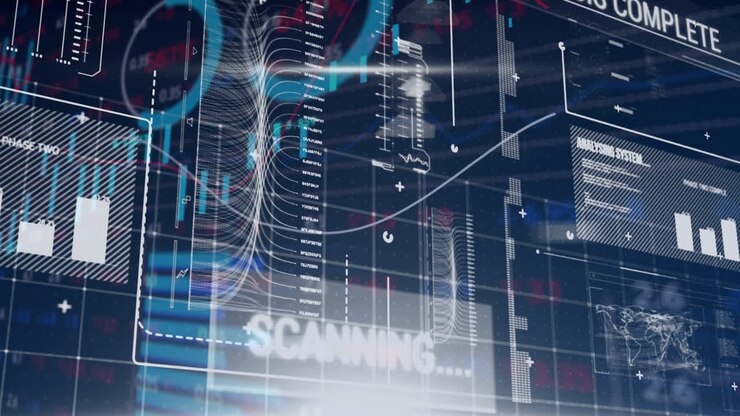 Animation of data processing over blue background