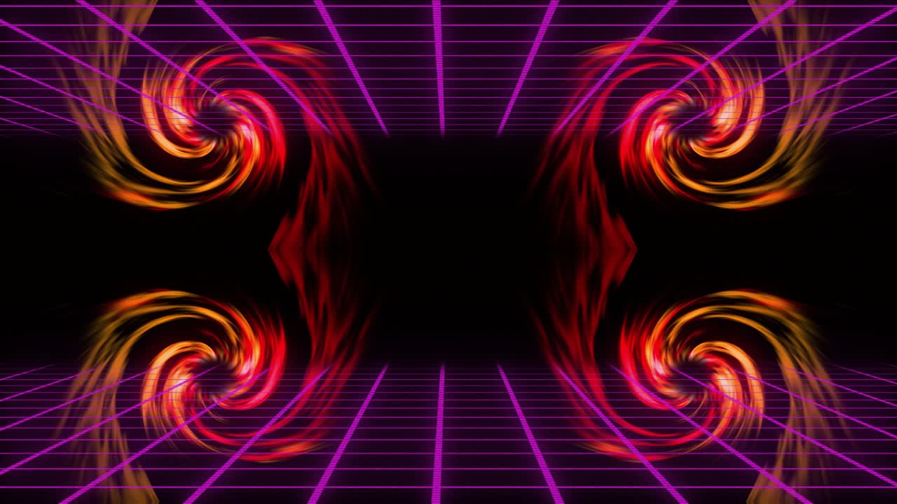 Magenta grid pulsing, causing four fiery swirls rotating and sliding, framing central void