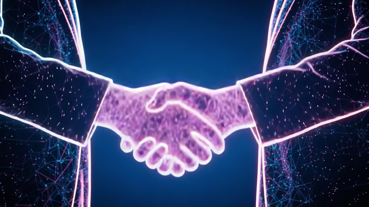 A Dynamic Synthesis of Digital Connection: Embracing Innovation through Futuristic Handshake Representing Cooperation in Technology and Business