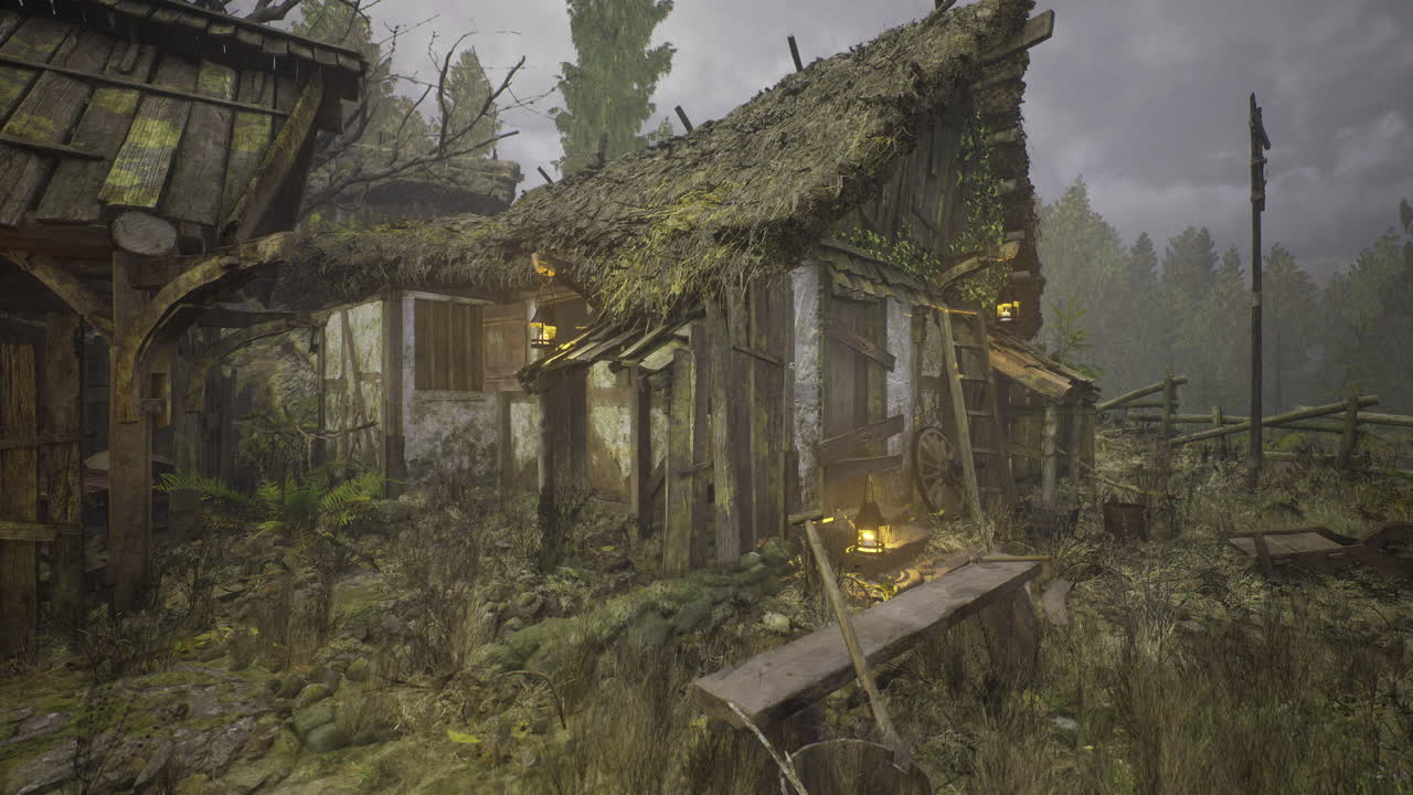 cabaña abandonada cubierta de musgo en un denso bosque durante el tiempo nublado