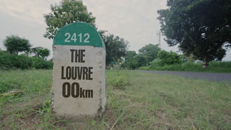 highway milestone showing distance of the louvre