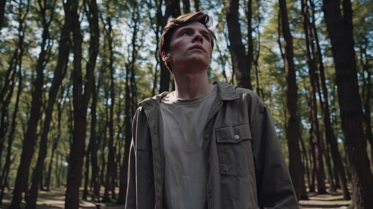 A serene forest scene with tall trees, captured from a low-angle, featuring a person walking