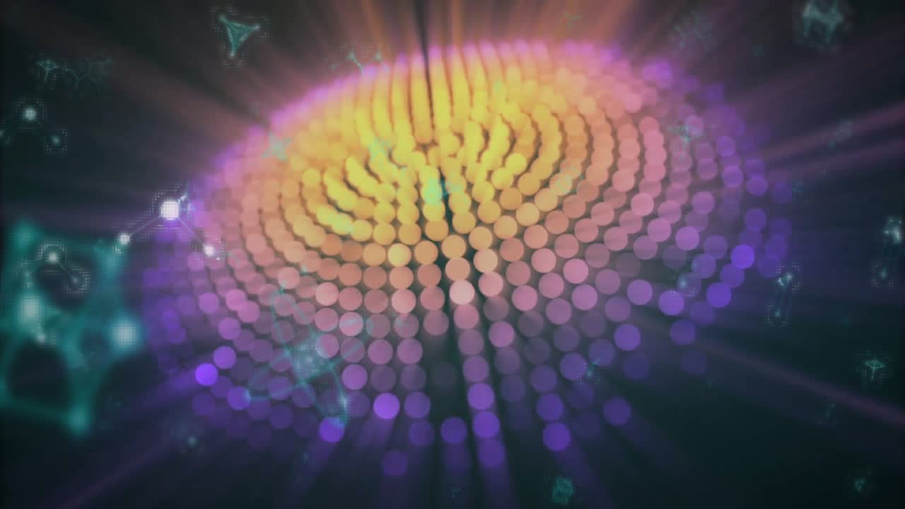 Punti magenta fluttuanti che formano un anello, triangoli alla deriva che pulsano e cambiano tonalità per visualizzare il movimento.