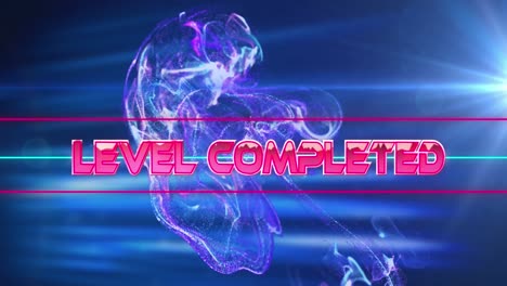 Animation-of-level-completed-text-banner-over-light-spot-and-digital-waves-against-blue-background