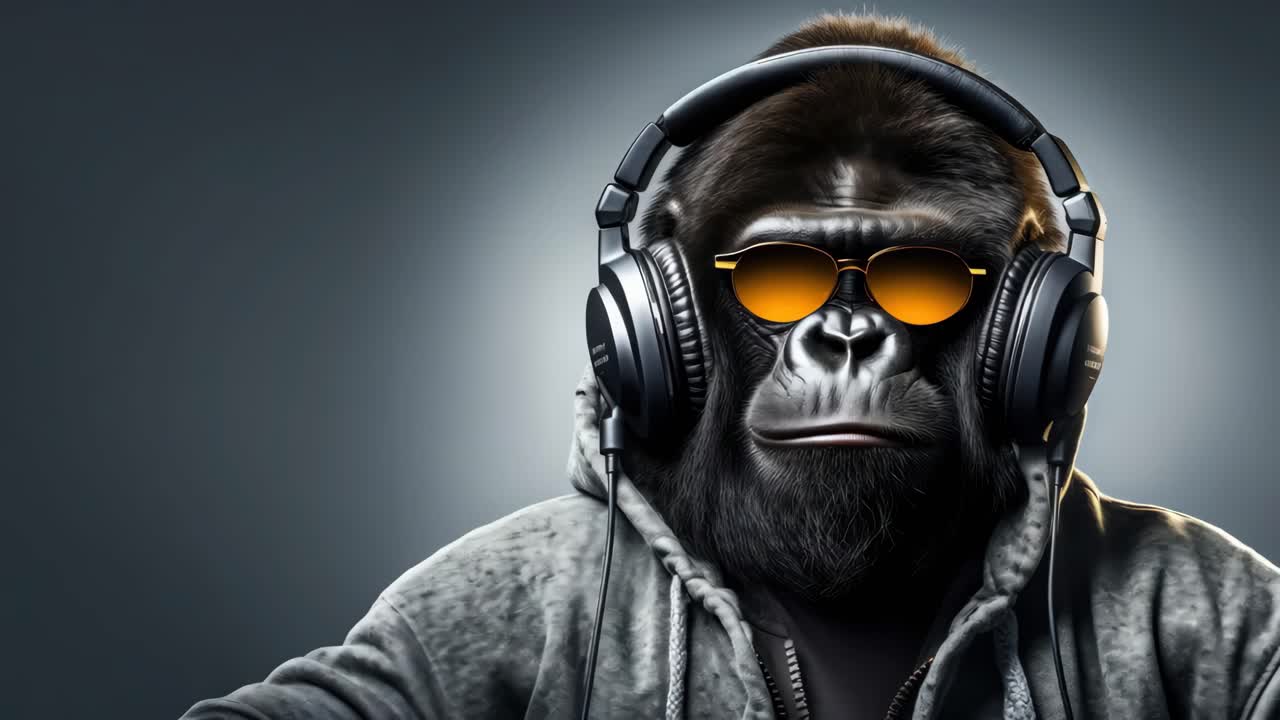 Et nærbillede af en gorilla med hovedtelefoner og solbriller, stylet som en DJ