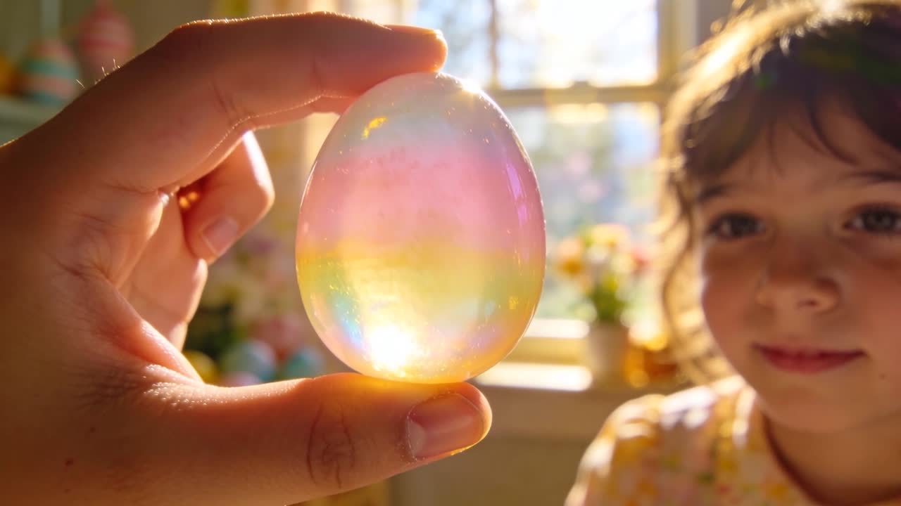 Mano adulta che inclina un uovo iridescente verso la finestra, con la luce del sole che crea un bagliore arcobaleno per un bambino.