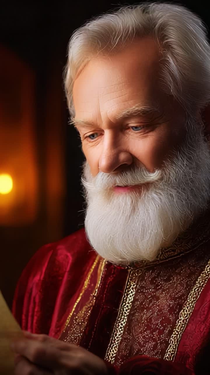 A wise, elderly man with a flowing white beard and elegant red attire studies a letter closely, embodying the spirit of nostalgia and warmth, illuminated by soft, ambient light, conveying emotion and intention