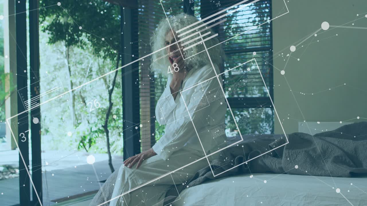 Senior woman waking and yawning under morning light while health overlay drifting around bed