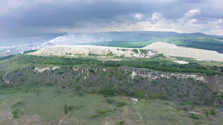 Ripresa con drone in movimento laterale di una vista panoramica di Pobiti Kamani, Varna, una formazione rocciosa desertica situata nella provincia di Aksakovo, in Bulgaria