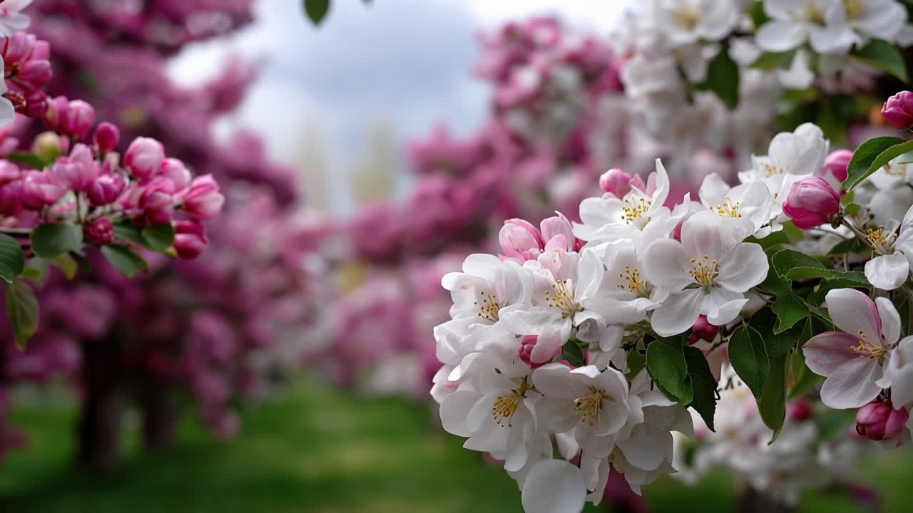 Pink blossoms frame white petals against soft green grass. Branches sway gently, capturing spring's quiet grace. Faint clouds drift above, adding a dreamy atmosphere. Nature's beauty radiates calm